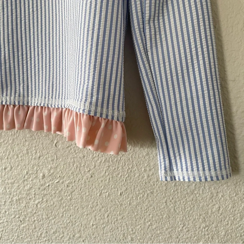 Ruffle Butts Seersucker Rash Guard Shirt Girls Size 10 Striped Long Sleeve Swim